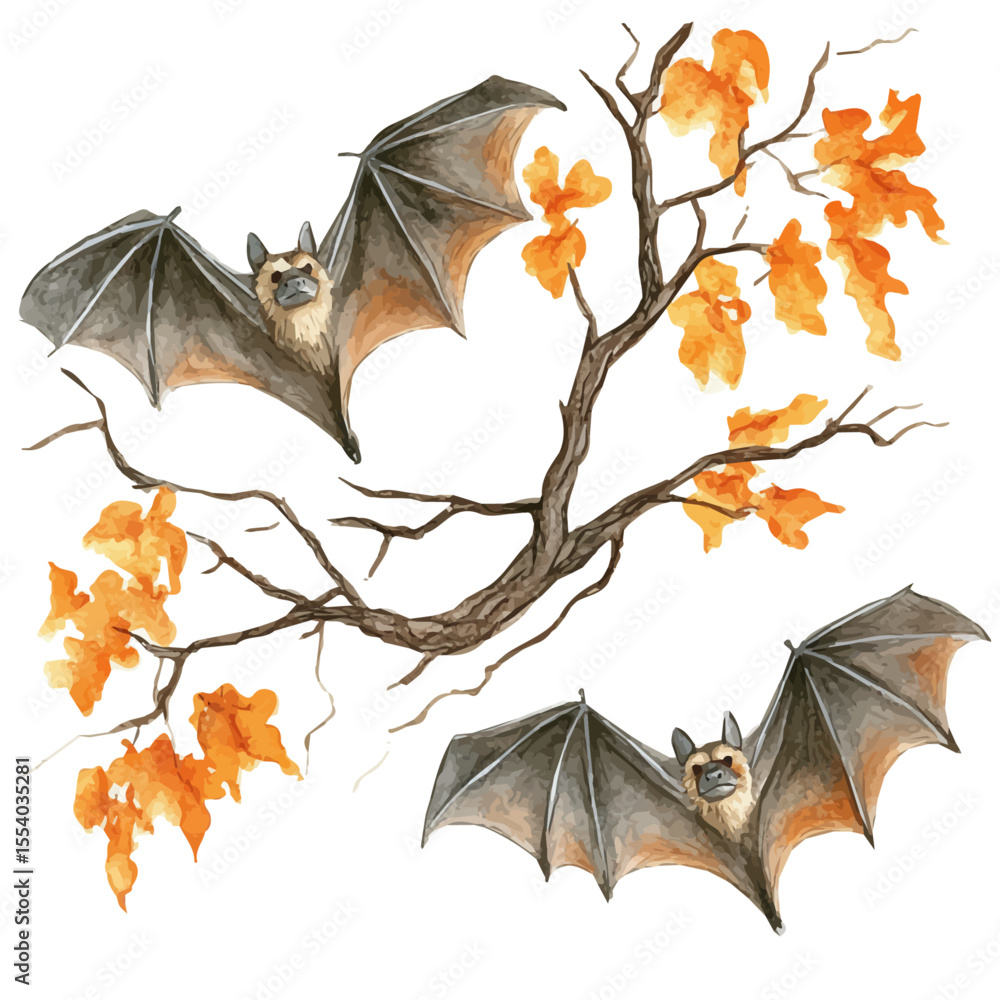 Naklejka premium watercolor vector of Bats Fly Autumn Sky, isolated on a white background.