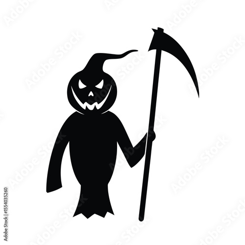 Spooky halloween silhouette of a grim reaper holding a scythe with a pumpkin head against a clean white background