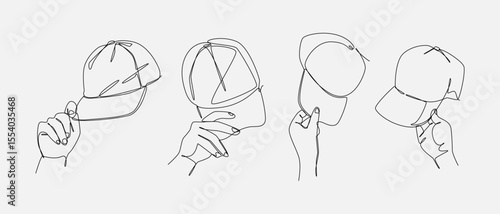 Set of drawing of hands holding baseball cap in continuous one line drawing style. Casual fashion, headwear accessories concept. Editable line. Vector illustration