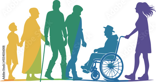 Colorful silhouettes depicting diverse generations and abilities in a community setting.
