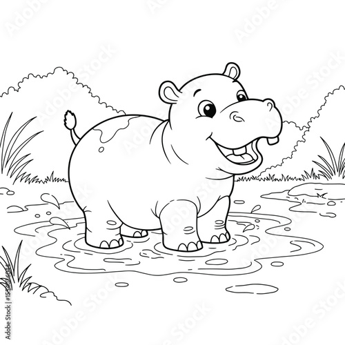 A cheerful cartoon hippopotamus stands in a shallow puddle amid green bushes and grass, grinning widely.