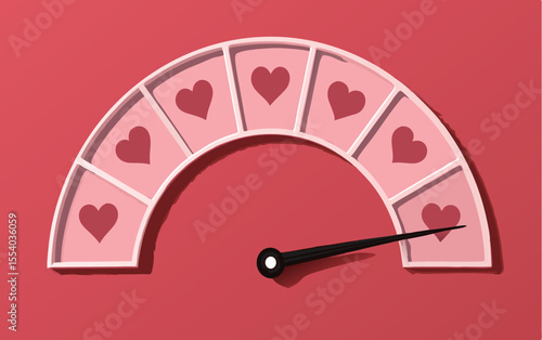 Colorful love meter illustration with hearts on a vibrant red background.
