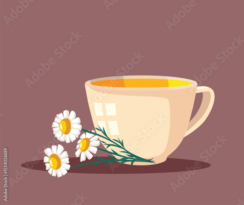 Cup of Chamomile Tea with Flowers Vector Concept Illustration. Homeopathic remedy cup made from natural plants helps in alternative medicine
