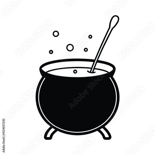 Whimsical illustration of a bubbling cauldron filled with colorful potion a ladle resting beside it perfect for fantasy or magical themes