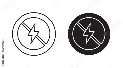 lightning icon, with prohibition symbol, symbolizes electricity restriction, power outage, or energy shut down, eps 10 on white background, vector illustrator