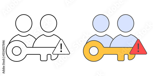 Shared account usage warning icon with two users, one key, and alert sign, in outline and color styles, ideal for illustrating security risks, shared login concerns, and IT policy violation alerts.