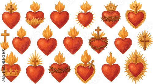 A vibrant collection of 20 ornate sacred hearts with flames, crosses, crowns, and thorns, featuring rich red hues and gold accents, symbolizing devotion and spirituality, ideal for religious art 