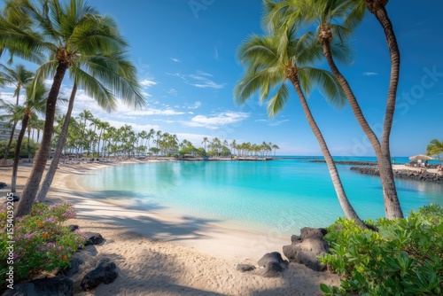 Tropical beach paradise with turquoise water and palm trees