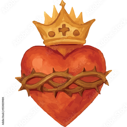 A vivid red sacred heart encircled by thorns, symbolizing sacrifice, perfect for religious art and spiritual design illustrations