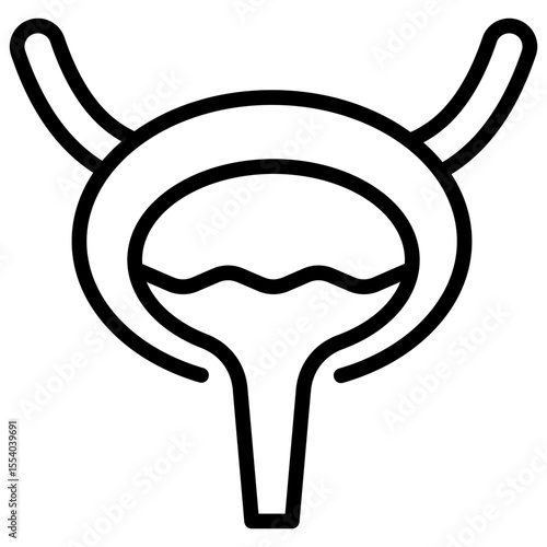 A simple anatomical icon of the human bladder or urinary tract system shown in a full bladder condition during the process of urination.