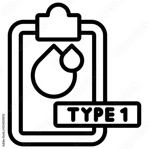 This icon depicts a clipboard with a document containing blood type one data on diabetes high blood sugar levels because the body does not produce enough insulin
