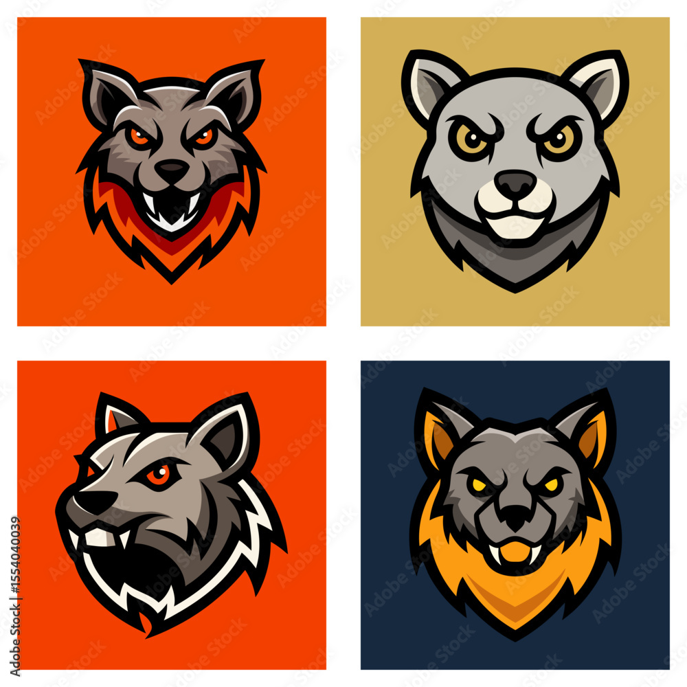 Obraz premium Four stylized wolf head illustrations in square frames with varying color schemes and expressions
