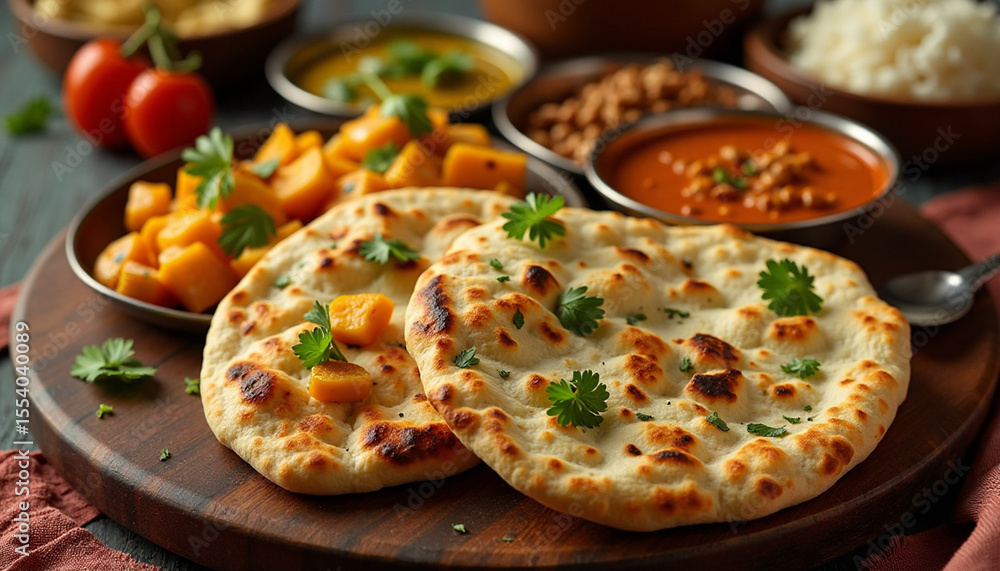 An inviting spread of indian cuisine featuring naan bread and various savory dishes arranged An inviting spread of indian cuisine featuring naan bread and various savory dishes arranged