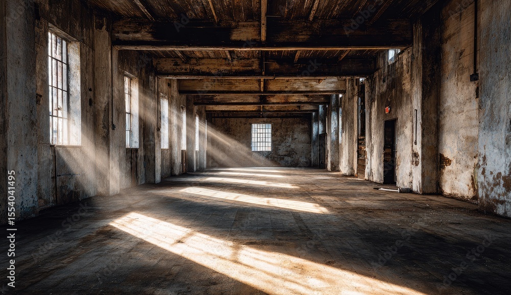 Sunbeams illuminate an empty, aged industrial hall Sunbeams illuminate an empty, aged industrial hall