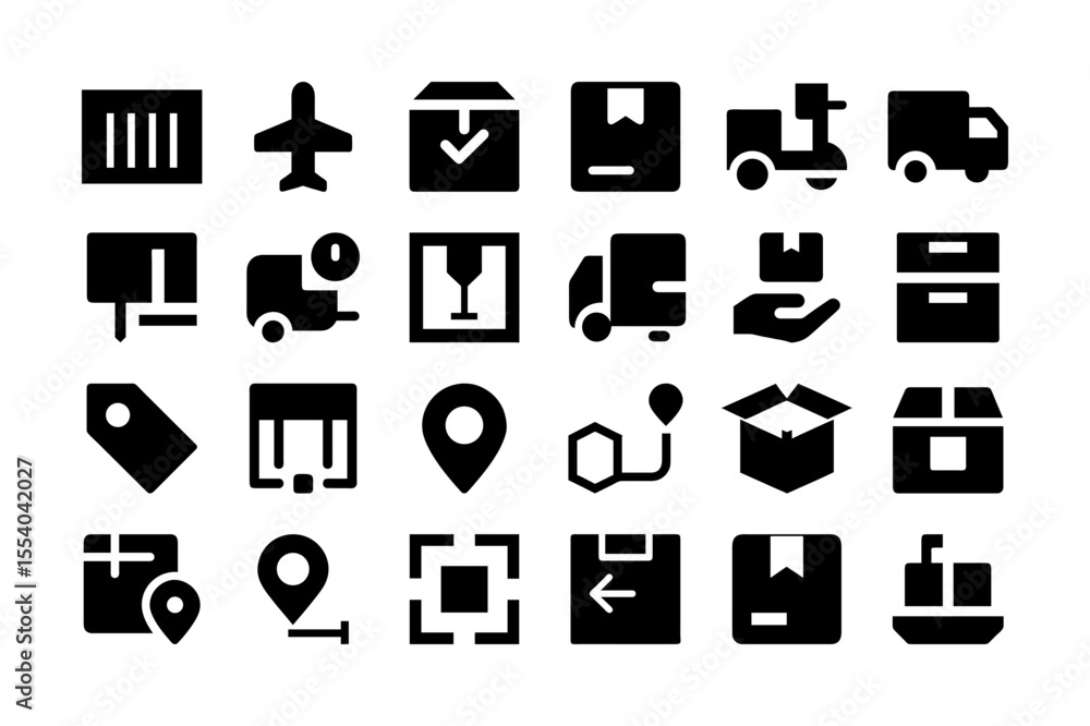 Delivery and logistics solid fill icon set Delivery and logistics solid fill icon set