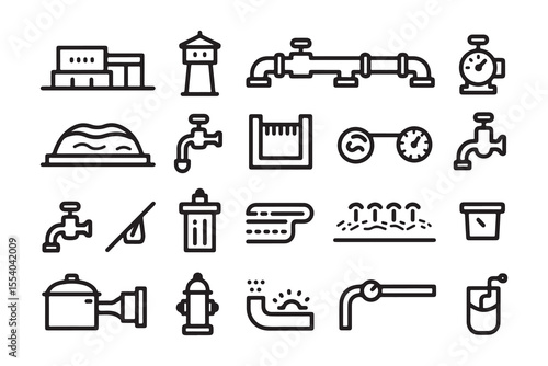 Collection of plumbing and water system icons including taps pipes and gauges