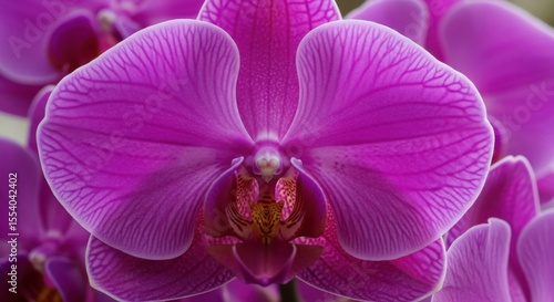 Close up of a stunning vibrant purple orchid bloom showcasing intricate petal details and delicate textures in a soft focus background
