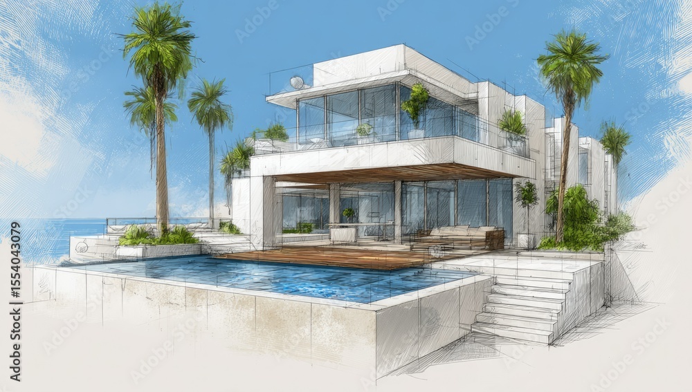 Obraz premium Modern coastal home rendering, showcasing expansive glass, pool, and tropical landscaping