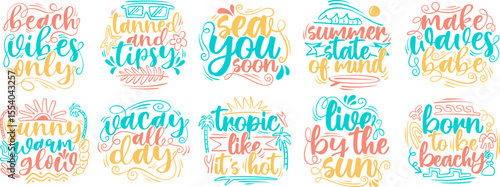 Summer typography quotes set, Summer lettering poster design bundle, Vintage summer graphic collection with script text