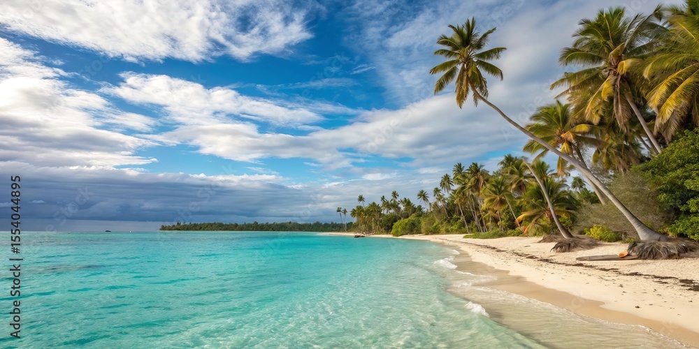 Naklejka premium Idyllic Tropical Beach Scene Turquoise Water, White Sand, Palm Trees, Island Paradise, Beach Vacation Tropical beach, Island getaway
