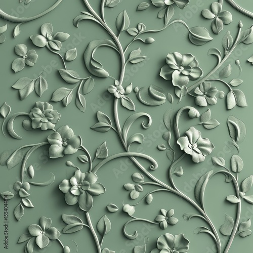 Ornate floral pattern, sage green backdrop, 3D relief design, wallpaper