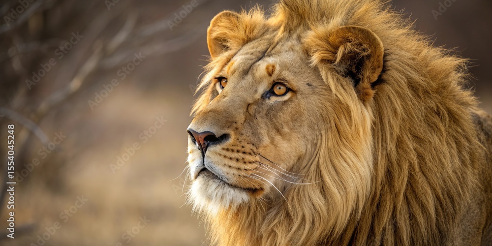 Fototapeta premium Majestic Male Lion Profile, Golden Hour Lighting, Wildlife Photography, African Safari lion, wildlife
