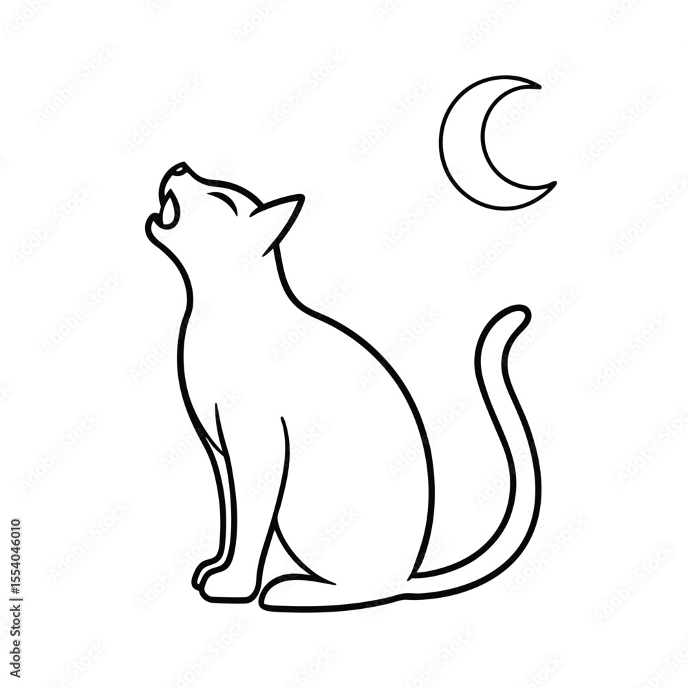 Whimsical illustration of a black cat howling at a full moon against a clean white background perfect for various designs Whimsical illustration of a black cat howling at a full moon against a clean white background perfect for various designs