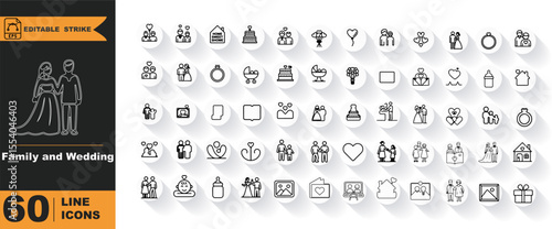 Family and Wedding Outline Icons – Bride, Baby, Love, Parents, Celebration Vector Set
