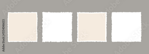 Torn paper frame backgrounds. Jagged edge paper sheet wallpapers. Beige and white ripped grunge element bundle for poster, text box, banner, collage, sticker. Vector blank square craft backdrops
