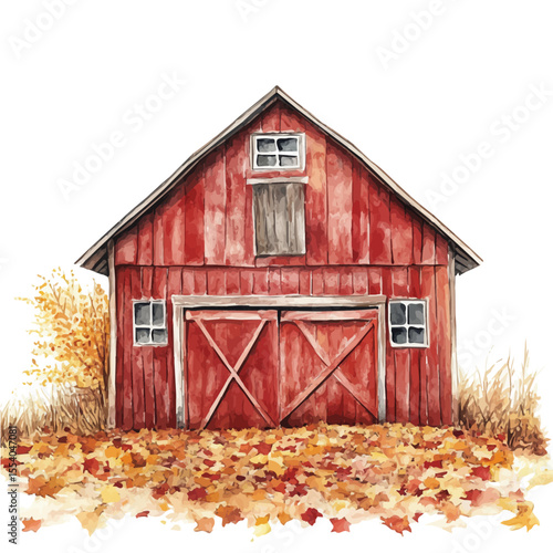 Barn Surrounded By Leaves, watercolor painting vector, isolated on a white background.