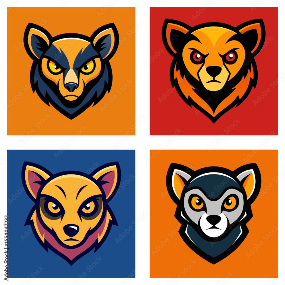 Fototapeta premium Collection of four stylized animal heads in square frames with different color schemes and expressions