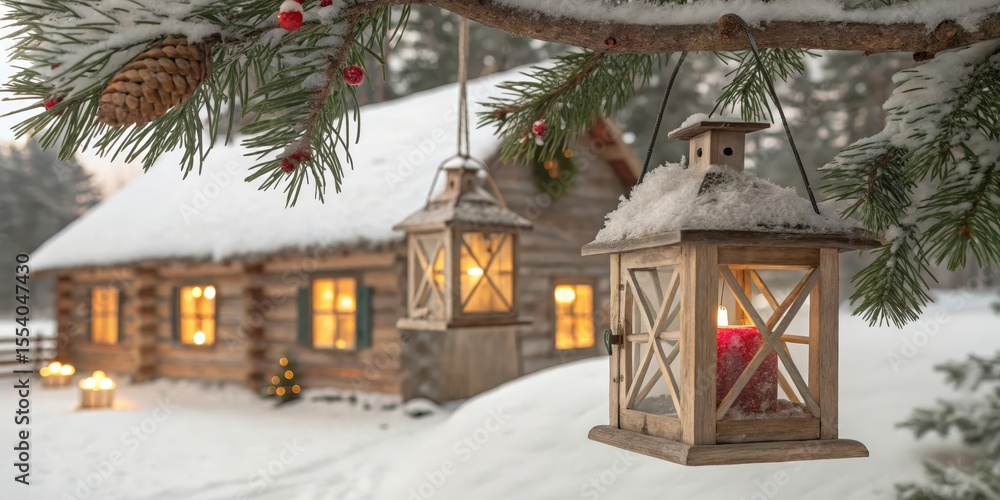 Snowy Lantern on Pine Branch, Winter Cabin, Christmas Decor, Winter Wonderland. Christmas, Winter Snowy Lantern on Pine Branch, Winter Cabin, Christmas Decor, Winter Wonderland. Christmas, Winter