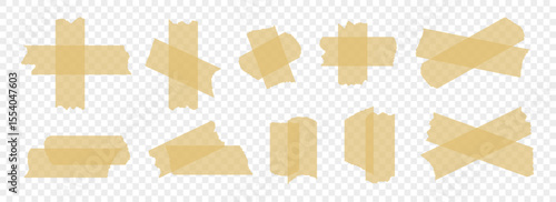 Brown adhesive tapes collection. Torn duct tape pieces set. strip. Plastic scotch stripes with torn jagged edges. Sticky masking paper for package wrap, blank tag, label, sticker, decoration. Vector