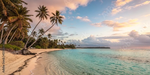 Fototapeta Naklejka Na Ścianę i Meble -  Sunset Serenity Palm Trees, Turquoise Ocean, Sandy Beach, Tropical Paradise, Ocean View Tropical Beach, Island Getaway