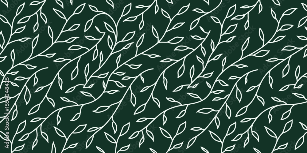 Fototapeta premium Seamless outline leaf pattern on dark green background. Minimalist botanical vector design perfect for fabric, packaging, wallpaper, wrapping paper, eco branding, and nature-inspired projects.