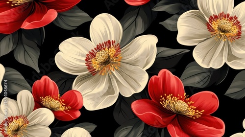 Ornate floral pattern of red and cream blossoms on a black background.