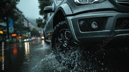Dark pickup truck in rainy city street