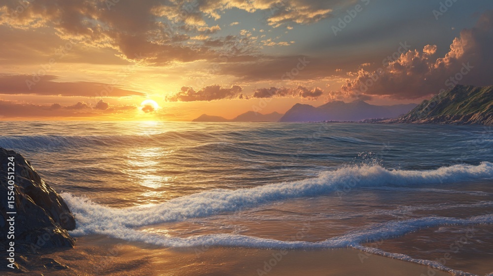 Obraz premium Golden hour ocean sunset with rolling waves and coastal mountains scenery