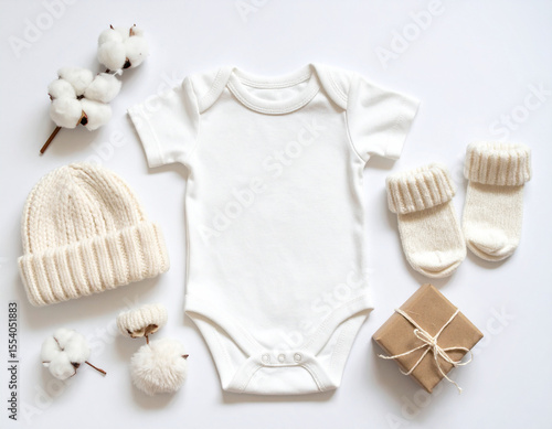 Adorable Baby Clothing Set Onesie, Hat, Socks - Flat Lay Photography
