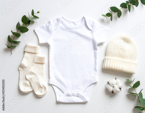 Adorable Baby Clothing Set Onesie, Hat & Socks Flat Lay Photography