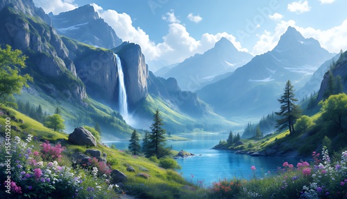 A breathtaking mountain landscape with a waterfall and vibrant wildflowers.