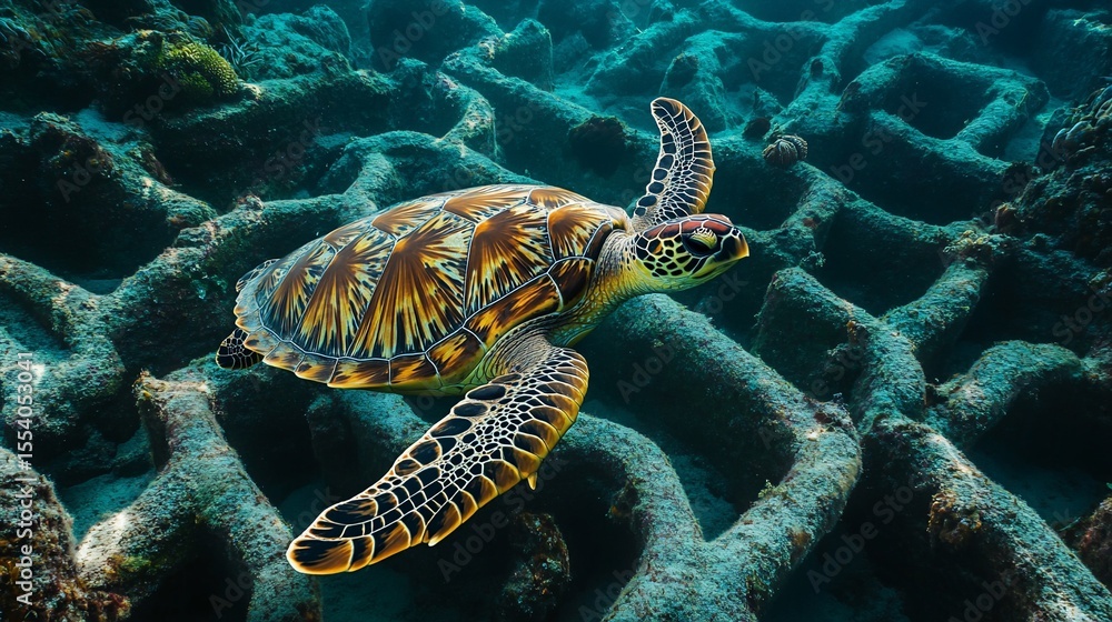 Fototapeta premium Majestic sea turtle gracefully gliding through the underwater reef formations