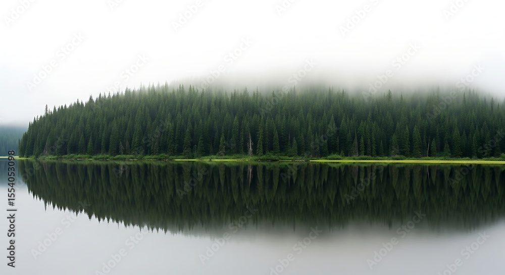 Obraz premium Serene Mist-Shrouded Coniferous Forest Reflected in Still Lake Waters