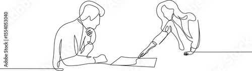 One-Line Art of Businesswoman Explaining a New Idea or Strategy. Minimalist illustration of man and women working together, sketch in black linear sketch isolated on white background