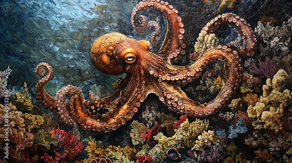 Fototapeta premium Detailed octopus artwork amidst vibrant coral reefs and deep ocean waters