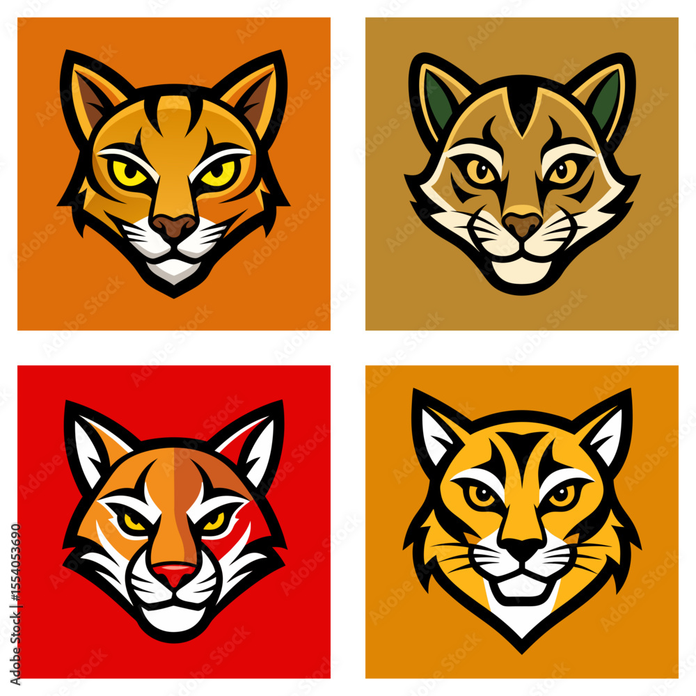 Fototapeta premium Four square panels displaying stylized bobcat heads with varying color schemes and background colors