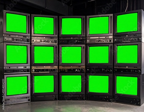 Vintage TVs stacked, green screens