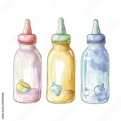 Baby Bottle Decorations, watercolor illustration vector, isolated on a white background.