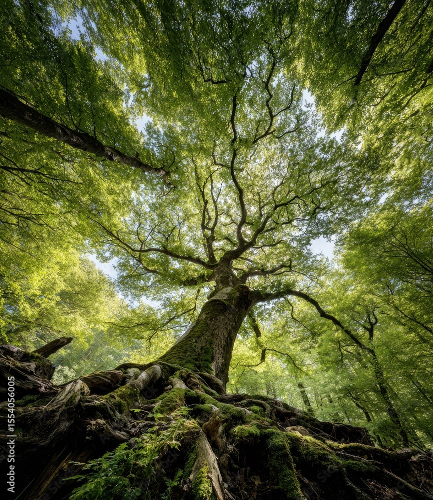 Fototapeta premium Low-angle view of a majestic tree with exposed roots, surrounded by lush green foliage under a bright sky