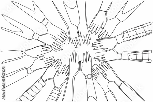 Single continuous line drawing 8 pairs of hands with various sleeve models stacked on top of each other. Team agreement. Encouragement. Work group. Join Hands Day. One line design vector illustration